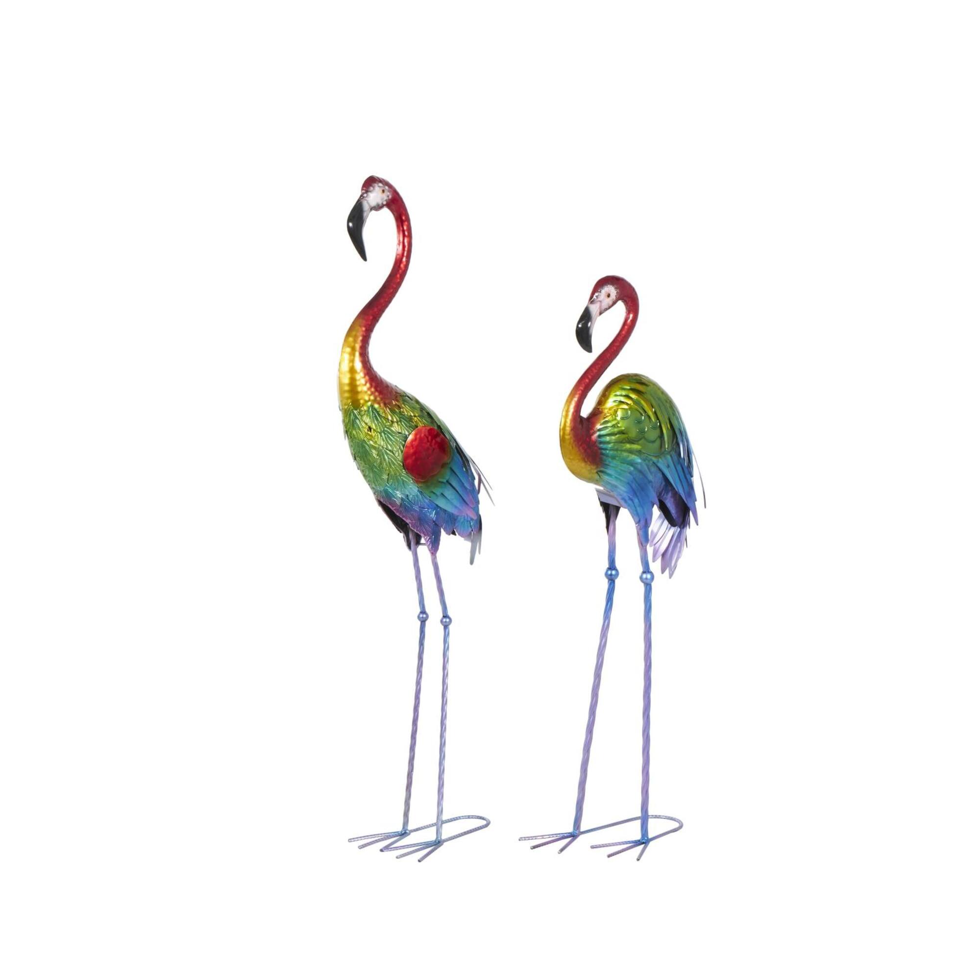 Tall Rainbow Textured Metal Flamingo Garden Sculpture Set